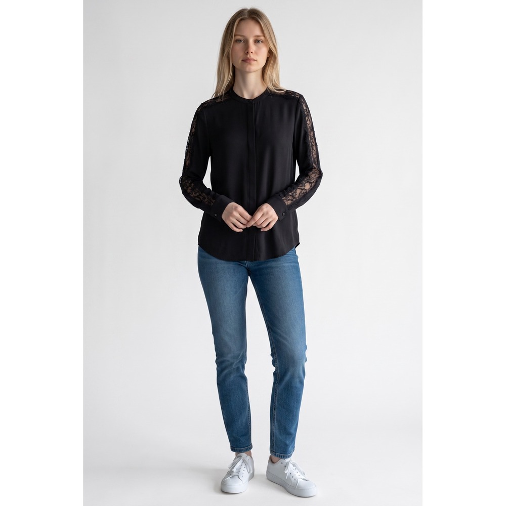 The Kooples Black Lace Trim Long Sleeve Blouse Mandarin Collar Womens Size 2